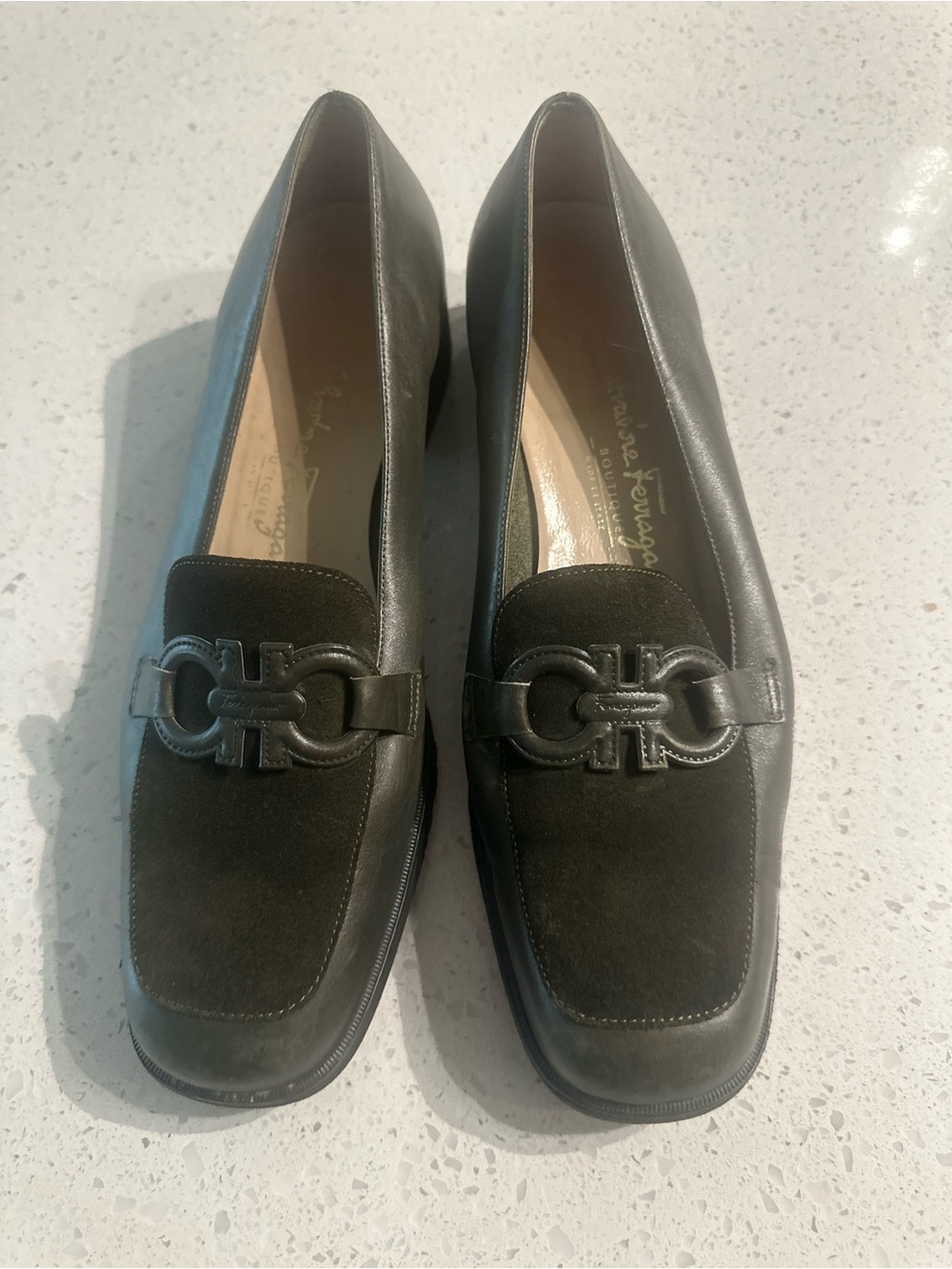 Vintage Salvatore Ferragamo Dark Olive Green Suede Leather Loafers 8.5